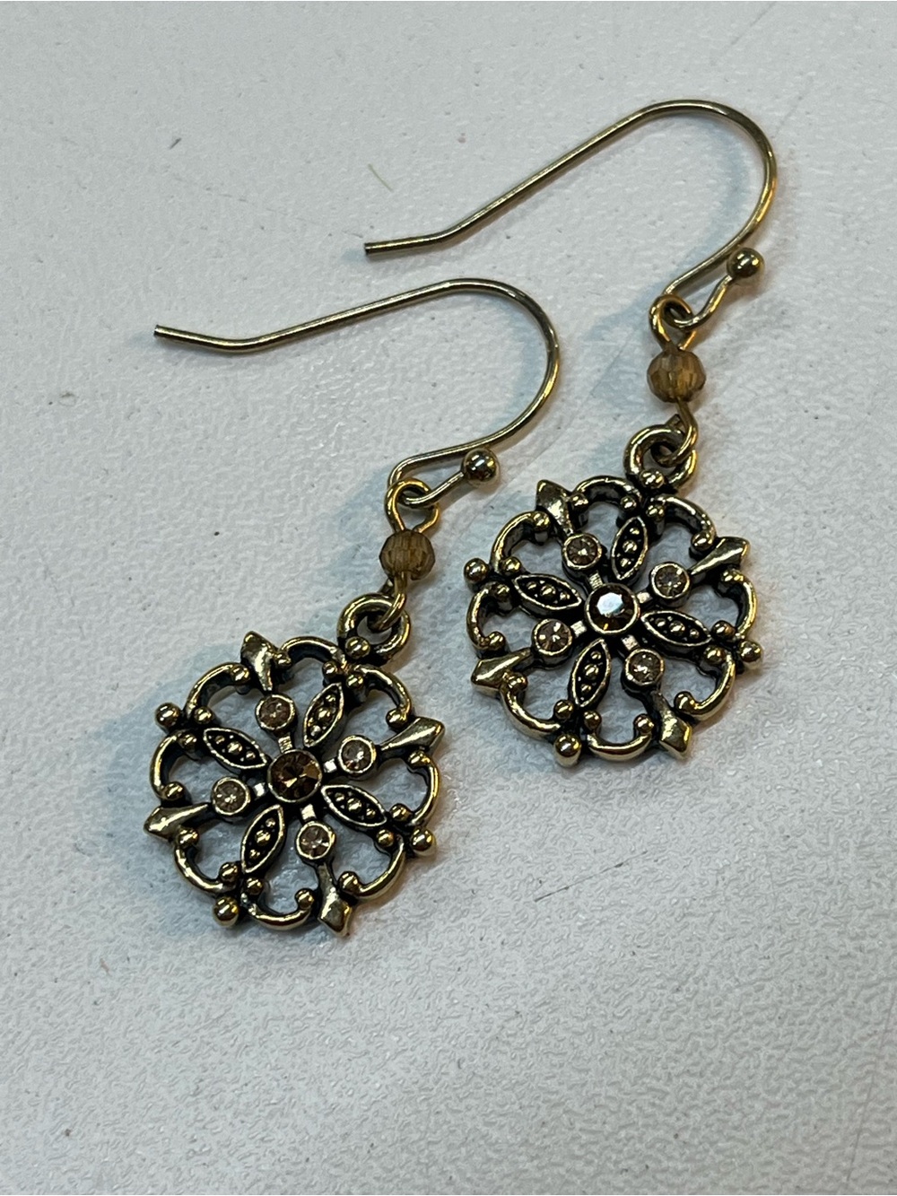 Lia Sophia Gold-Tone Filigree Drop ‘Tranquility’ Earrings with Champagne Stones